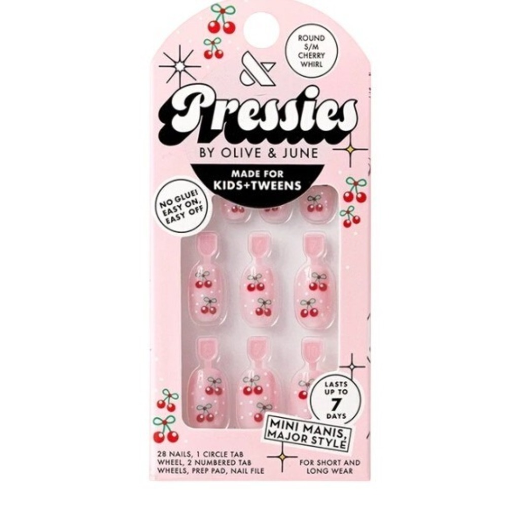 Olive & June Pressies Cherry Whirl Kids Tweens Press On Nails Round 94045 28ct